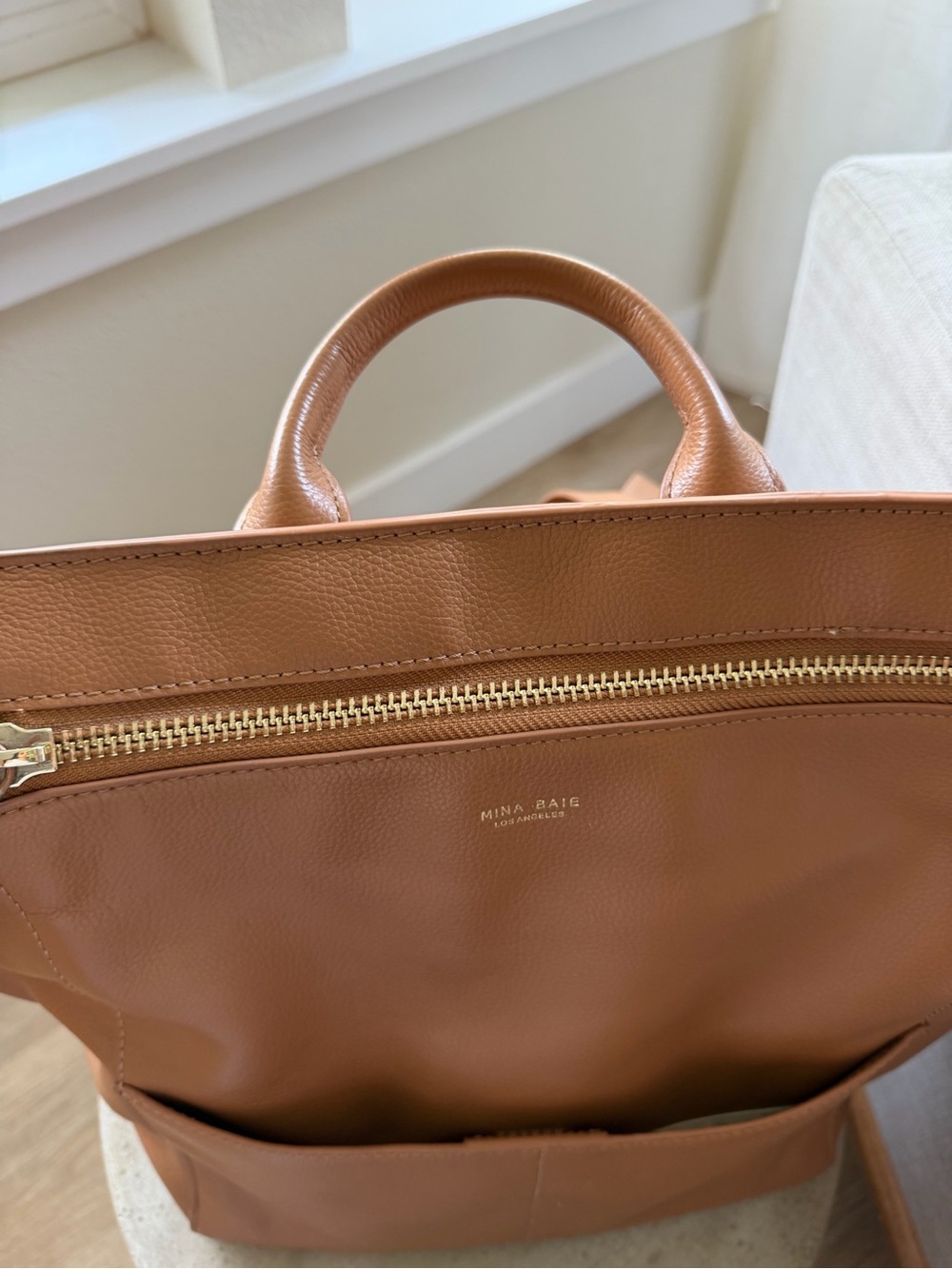 Mina Baie Harper Leather Midi Backpack Bag Tan Shoulder Strap - Picture 2 of 12